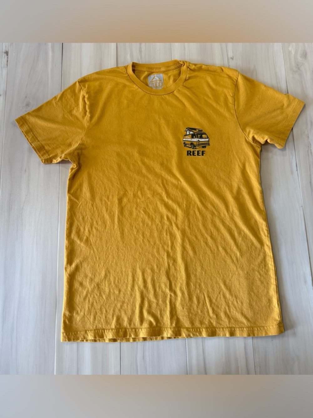Reef Men's Short-Sleeve Crewneck T-Shirt in Mustard Yellow with Van Graphic